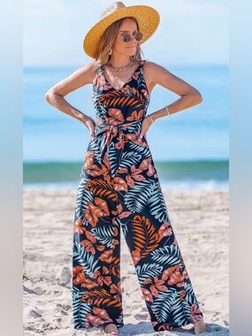 Cupshe Navy Floral V-Neck Wide-Leg Jumpsuit with Orange Botanicals